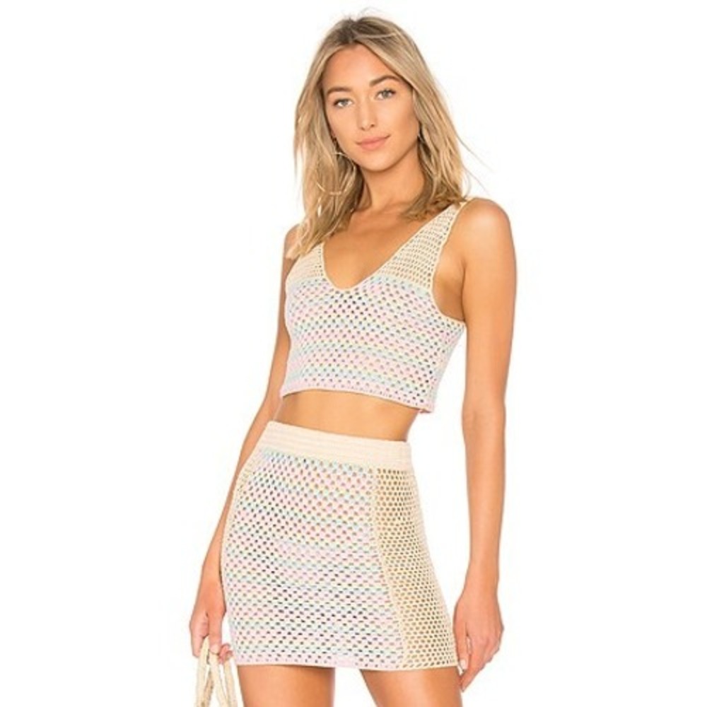 Lovers + Friends Pastel Rainbow Crochet Set Crop‎ Top XL Mini Skirt L Revolve